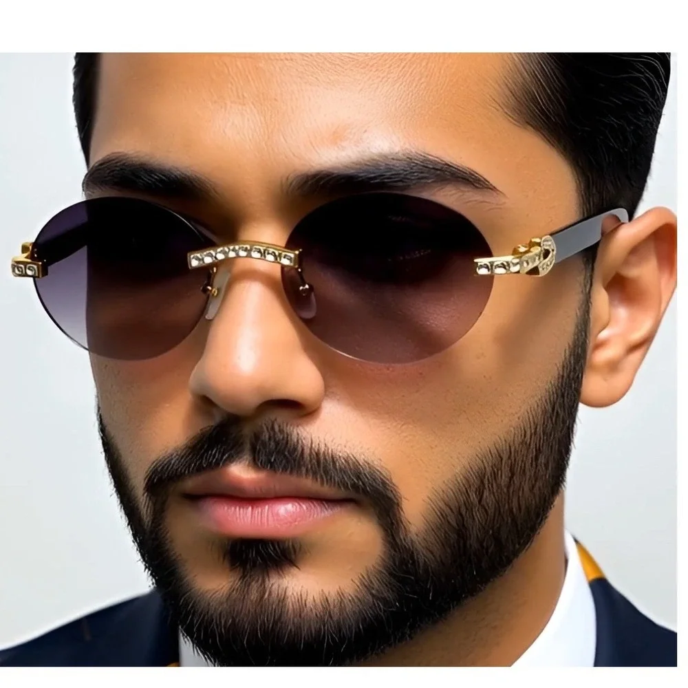 Men Women Sunglasses Oval Rimless Gold Accent Black Arms Fashion Eyewear Lentes‎